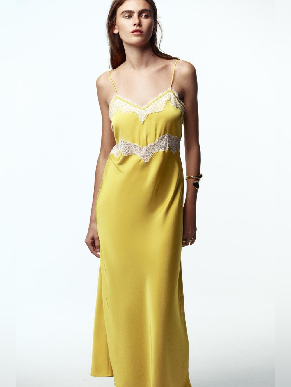 Zara Midi Lace Embroidery Trim Dress Satin Effect Bright Yellow Medium